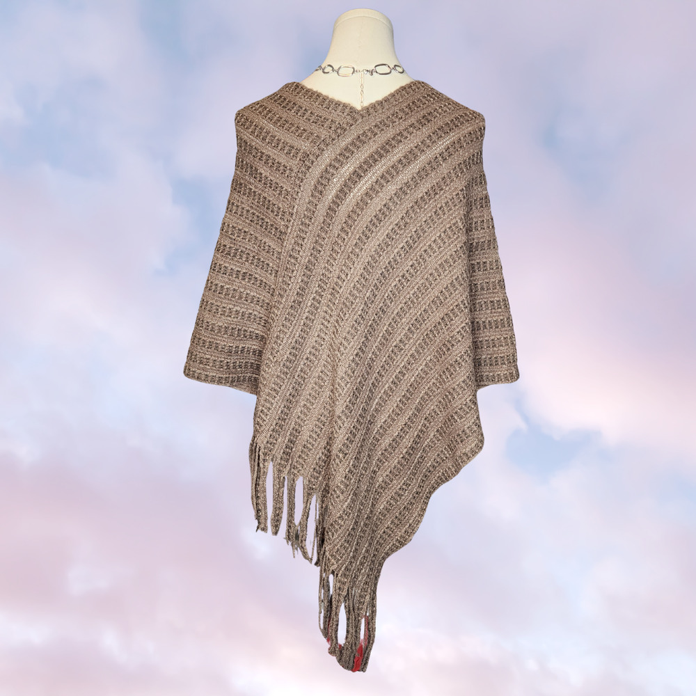 Brown Taupe Knitted Soft Fuzzy Cover Up Warm Boho Hippie Festival Fringe Poncho